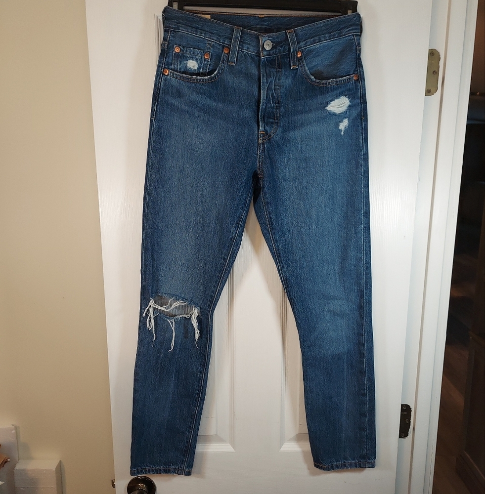 LEVI's 501 S Jeans Distressed Skinny Women's 25 X 28 Blue 100% Cotton Button Fly